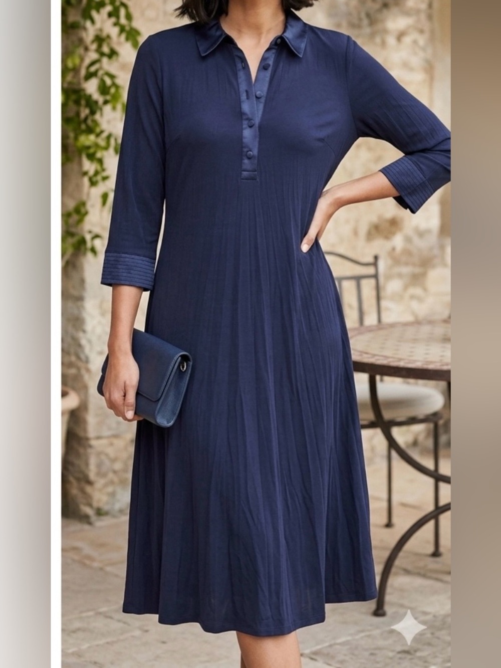 BODEN Midi Shirt Dress Navy Blue Camp Collared Satin Trim Size 6